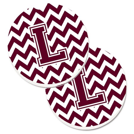 Carolines Treasures Letter L Chevron Maroon and White Set of 2 Cup Holder Car Coaster CJ1051-LCARC